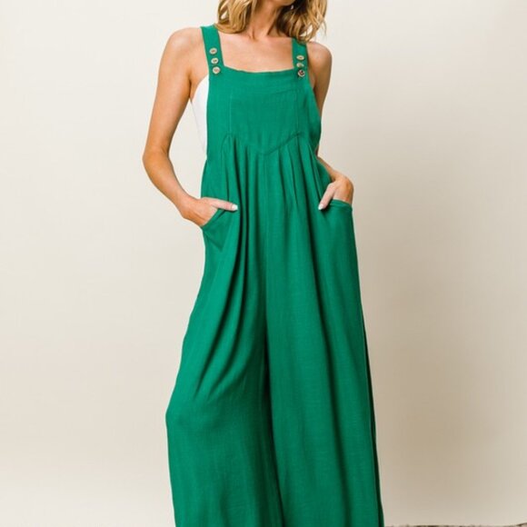 Women's Wide Legs Jumpsuit, Pleated Jumpsuit Adjustable Front Buttons - Picture 2 of 5